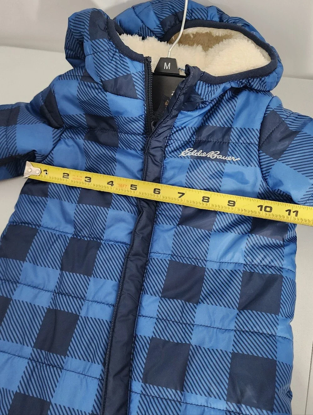 Eddie Bauer Size 6-9 MO Snow suit Fleece Linee Blue Plaid Hooded